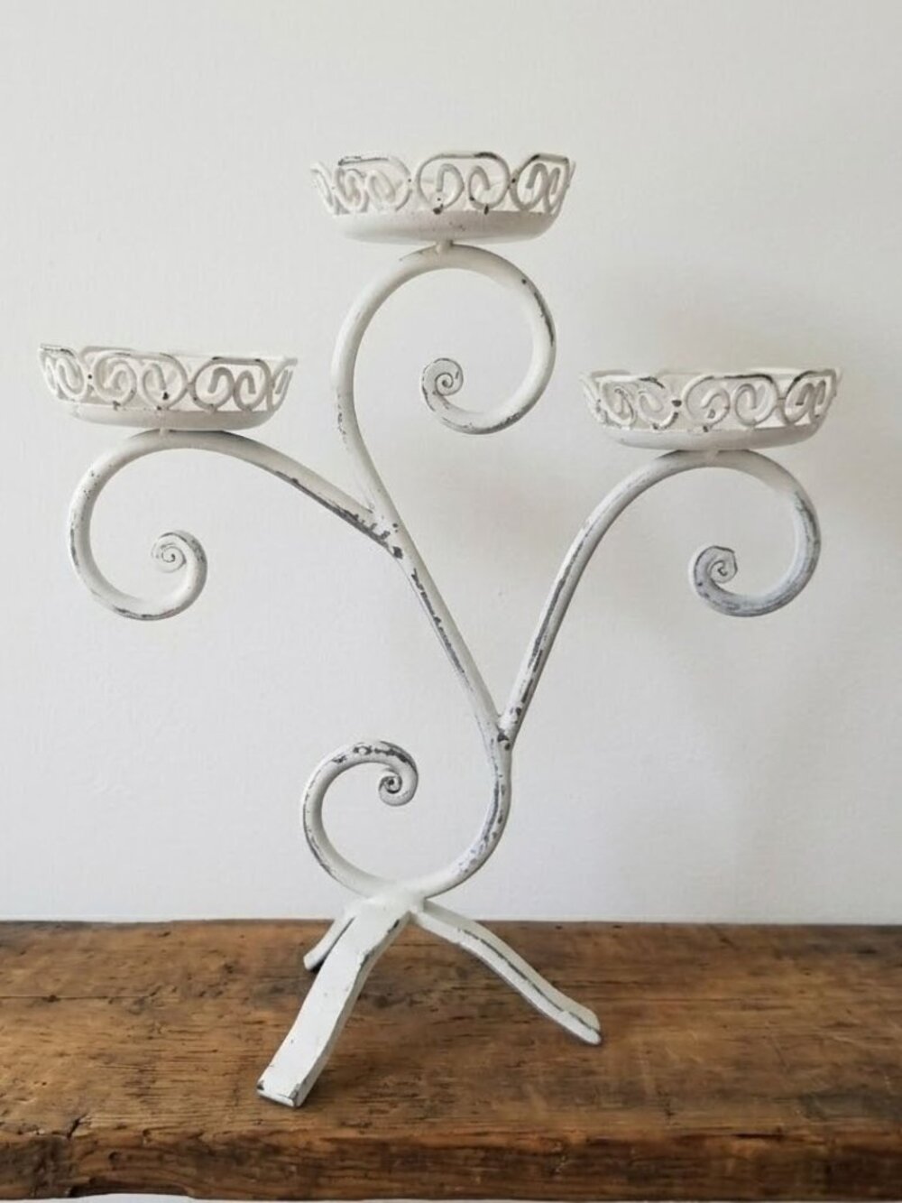 Vintage Wrought Iron Candelabra 3-Arm Candle Holder White Distressed 15" Cottage